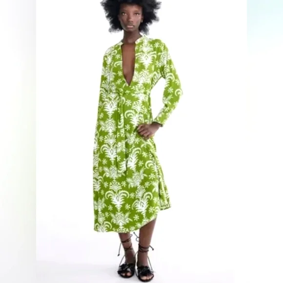 Zara Lilou Belted Green & White Floral Midi Sub Dress - Medium - Picture 10 of 11